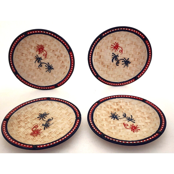 BREAD BUTTER PLATES-TEMPTATIONS-Floral Lace-Red Blue-Basket Weave Pattern-SET 4 - Picture 6 of 11